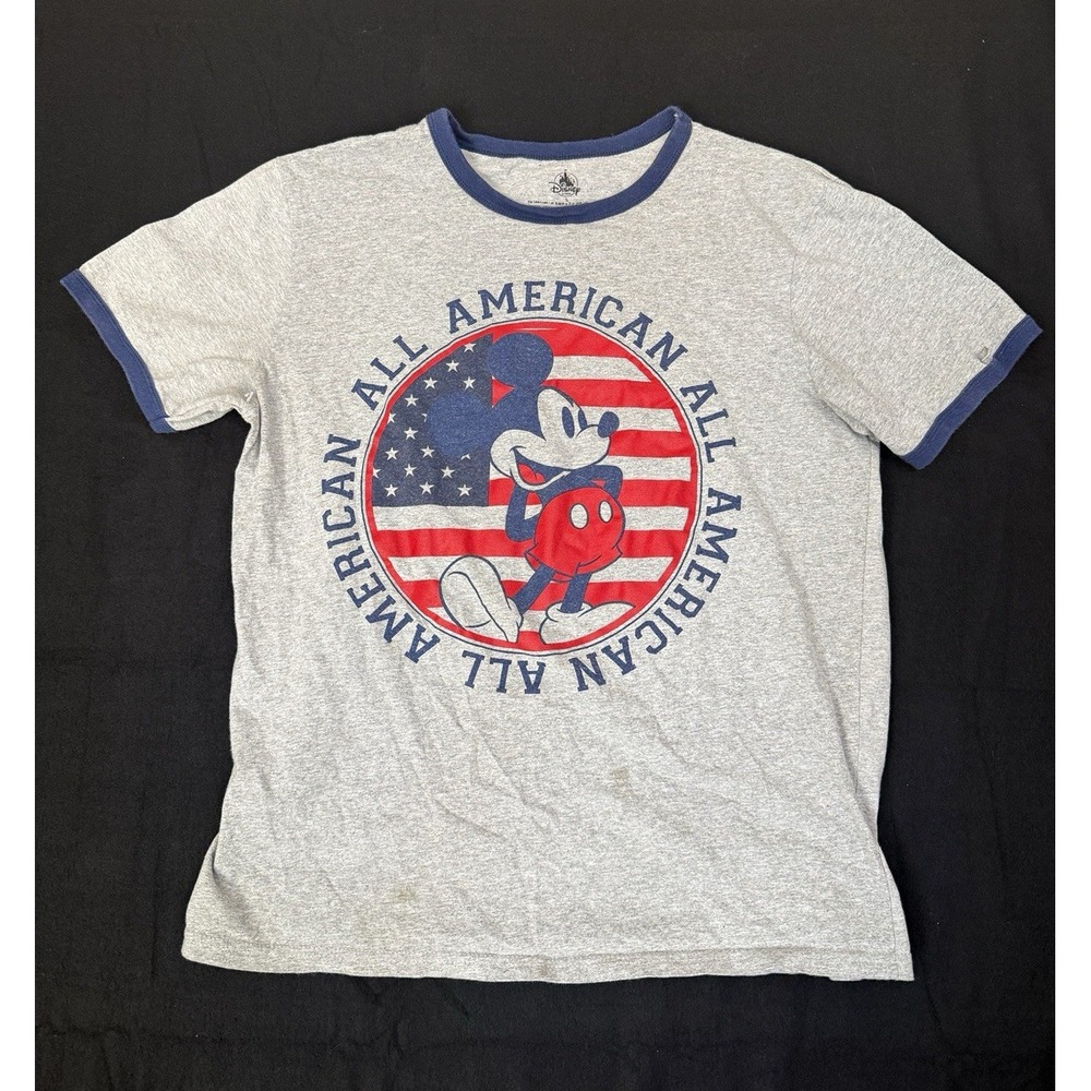 Disney Store Mickey Mouse All American Gray Ringer T-Shirt Blue Trim Size L